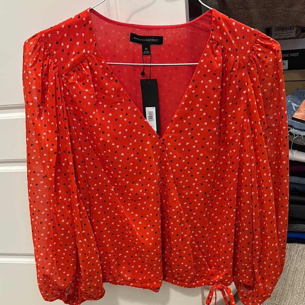 Banana Republic Red Puff Sleeve Blouse with Tie Front